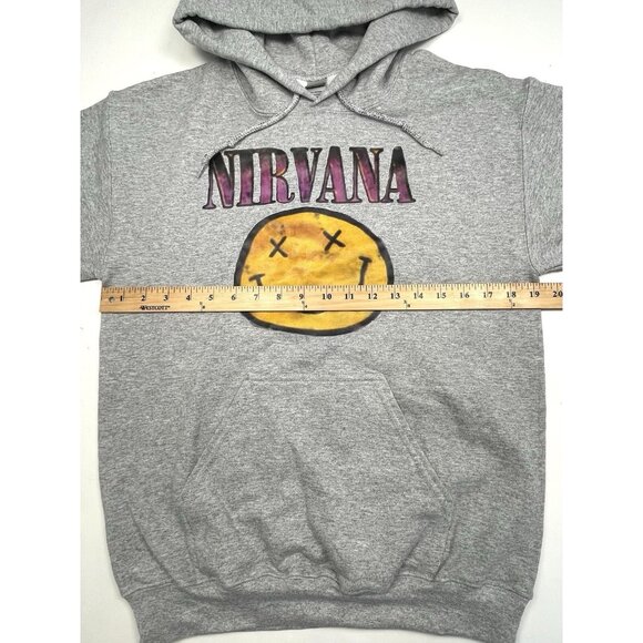 NIRVANA Adult SMALL Gray Graphic Print HOODIE Sweatshirt Smiley Face Gildan EUC - Picture 4 of 8